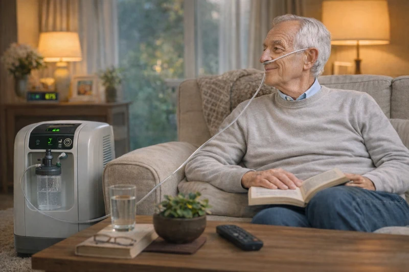 Pacient cu BPOC folosind concentrator de oxigen acasa